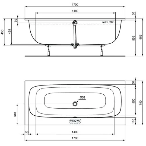 Ванна акриловая Ideal Standard i.life 1700х750х450 пристенная, встраиваемая (T476301)