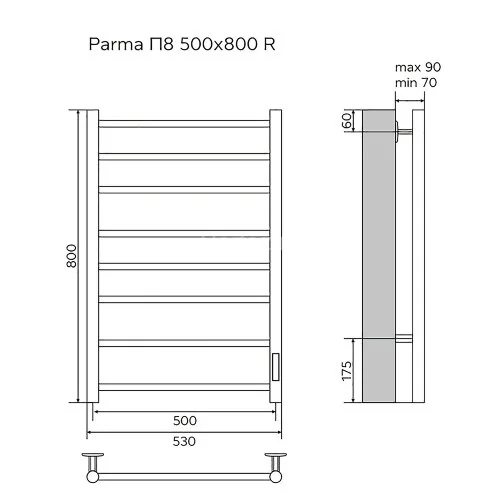 Полотенцесушитель электрический AZARIO PARMA 500/800 8 секций, диммер справа, хром (AZ10858)