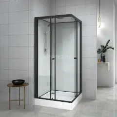 Душевая кабина Loranto NEO 90x90x(190+15) с низким поддоном 15см, прозрачное закаленное стекло 5 мм, задние стеклянные стенки белые, профиль черный-ма