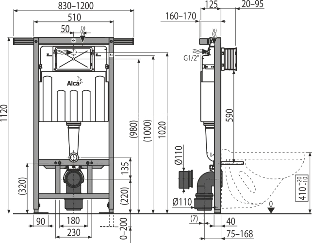 Скрытая система инсталляции Alcaplast AM102 Jadroмodul, для сухой установки, высота монтажа 1,12 м (