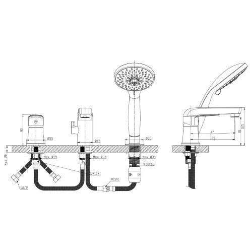 Смеситель Rossinka S35-39 на борт ванны на 3 отверстия