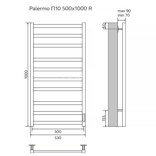 Полотенцесушитель электрический AZARIO PALERMO 500/1000 квадрат, 10 секций, диммер справа, белый (AZ