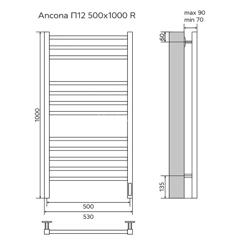 Полотенцесушитель электрический AZARIO ANCONA 500/1000 квадрат, 12 секций, диммер справа, черный (AZ