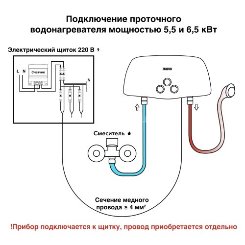 Водонагреватель электрический Zanussi 3-logic TS (6.5 kW) - душ+кран