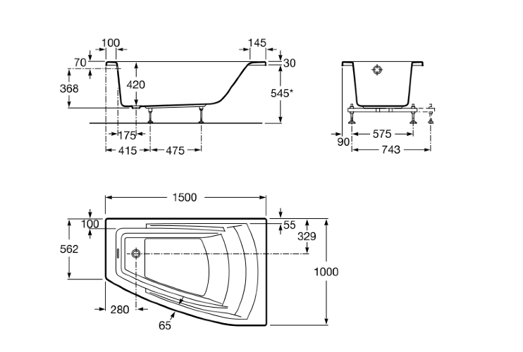 Ванна акриловая Roca HALL Angular асимметричная 150х100, правосторонняя