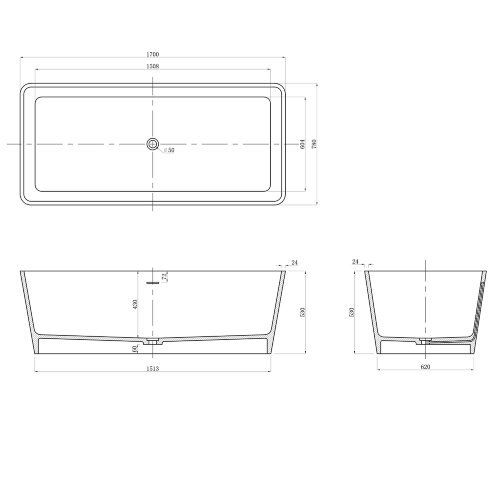 Ванна из искусственного камня Azario ESMONT 1700х780х530 свободностоящая белая матовая, с белым мато