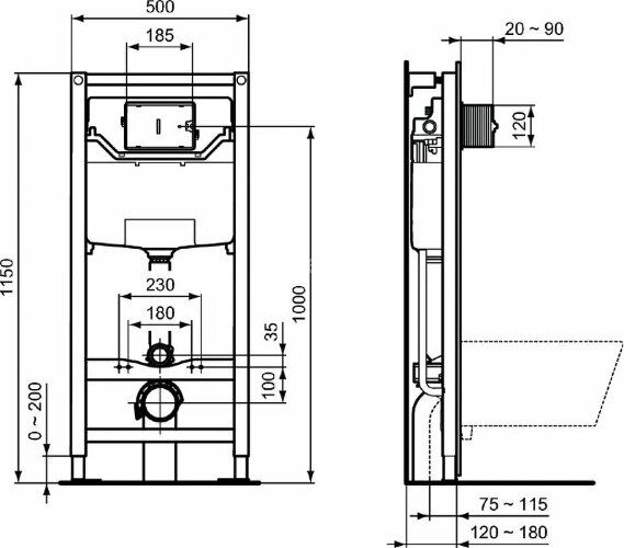 Промо сет Инсталляций Ideal Standard состоящий из: инсталляция для подвесного унитаза R020467 и рама